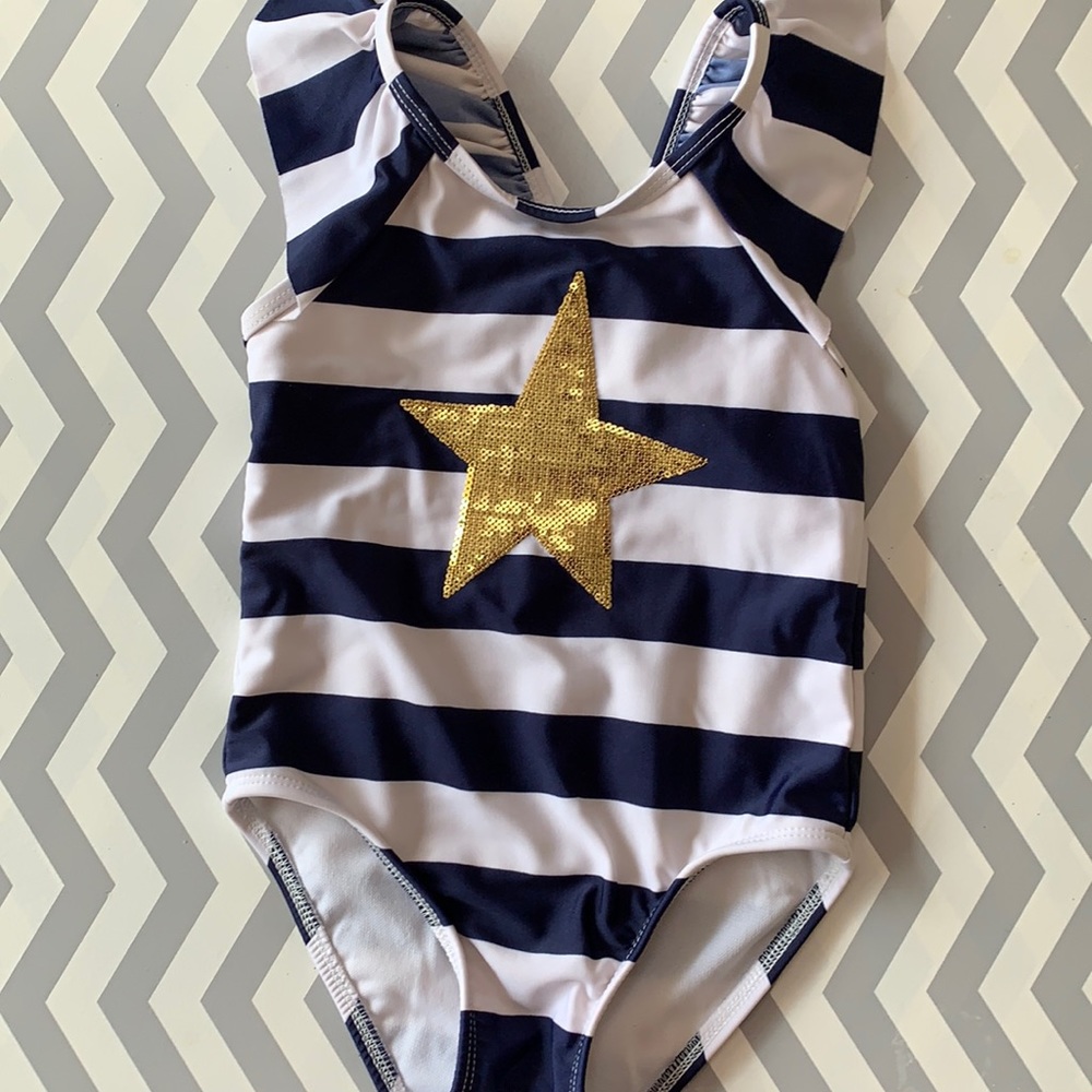 Cat & Jack blue and white striped swimsuit.